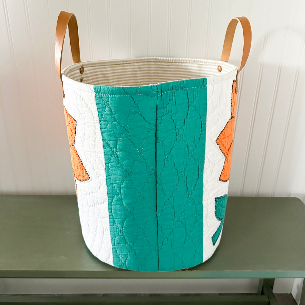 Vintage Orange Sunflower Applique Basket with Leather Handles