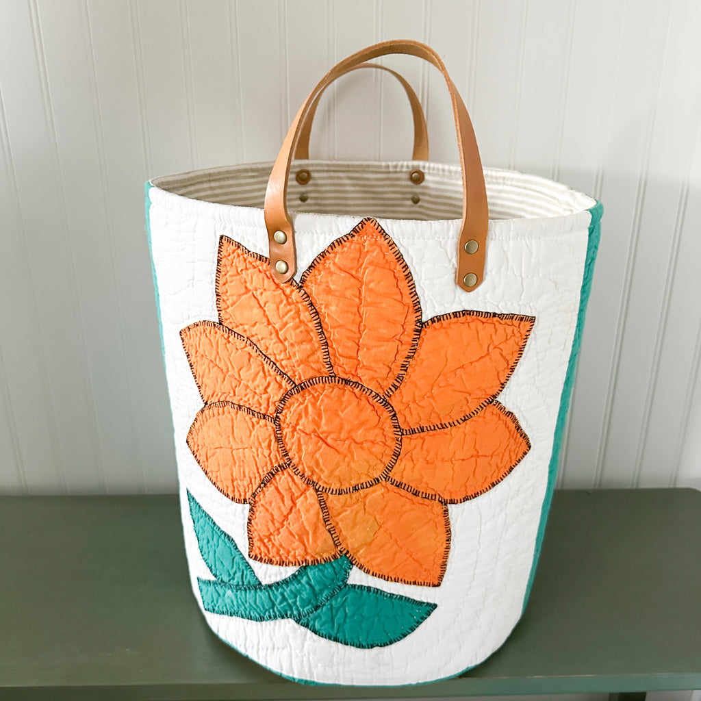 Vintage Orange Sunflower Applique Basket with Leather Handles