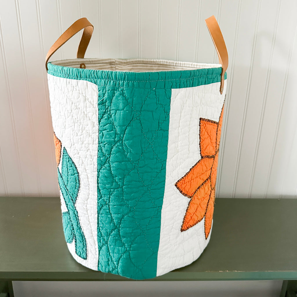 Vintage Orange Sunflower Applique Basket with Leather Handles