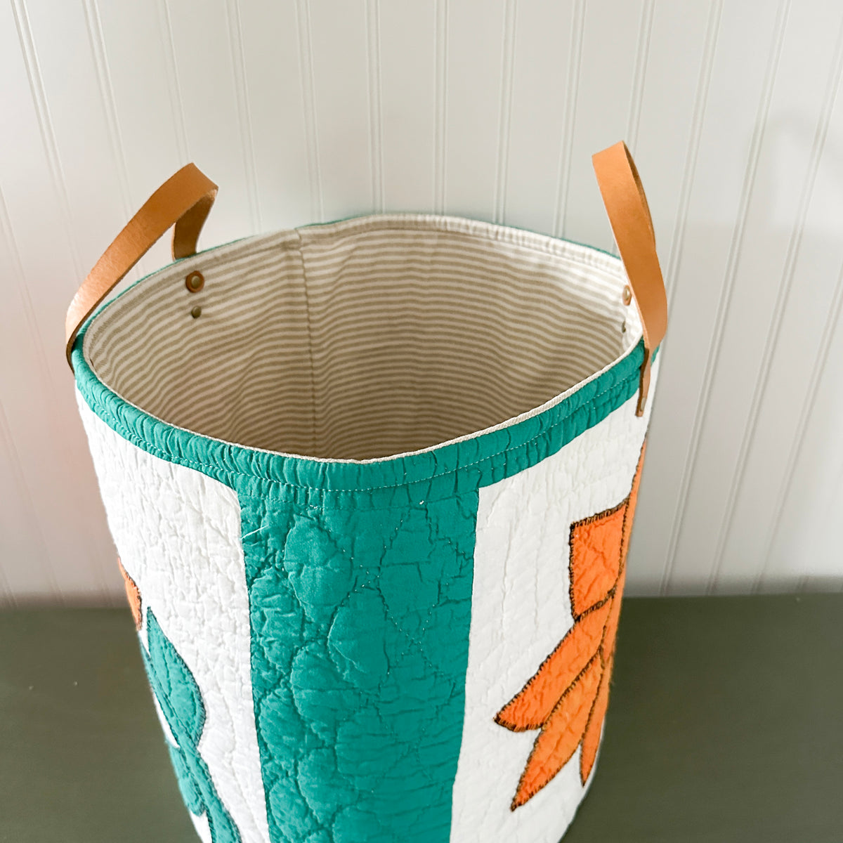 Vintage Orange Sunflower Applique Basket with Leather Handles