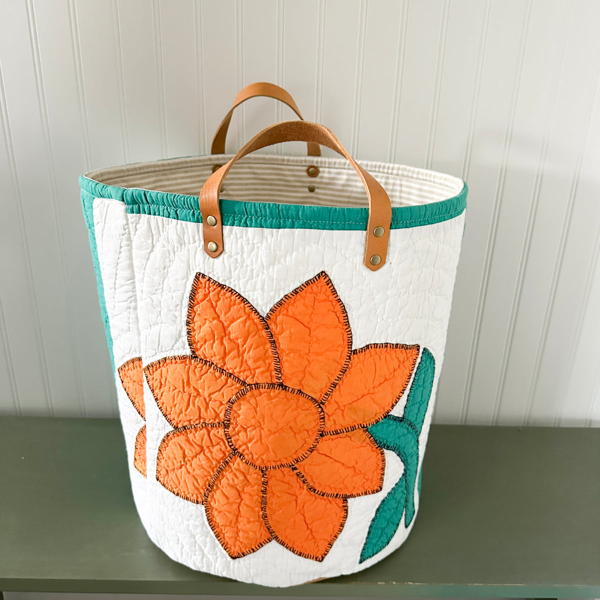 Vintage Orange Sunflower Applique Basket with Leather Handles
