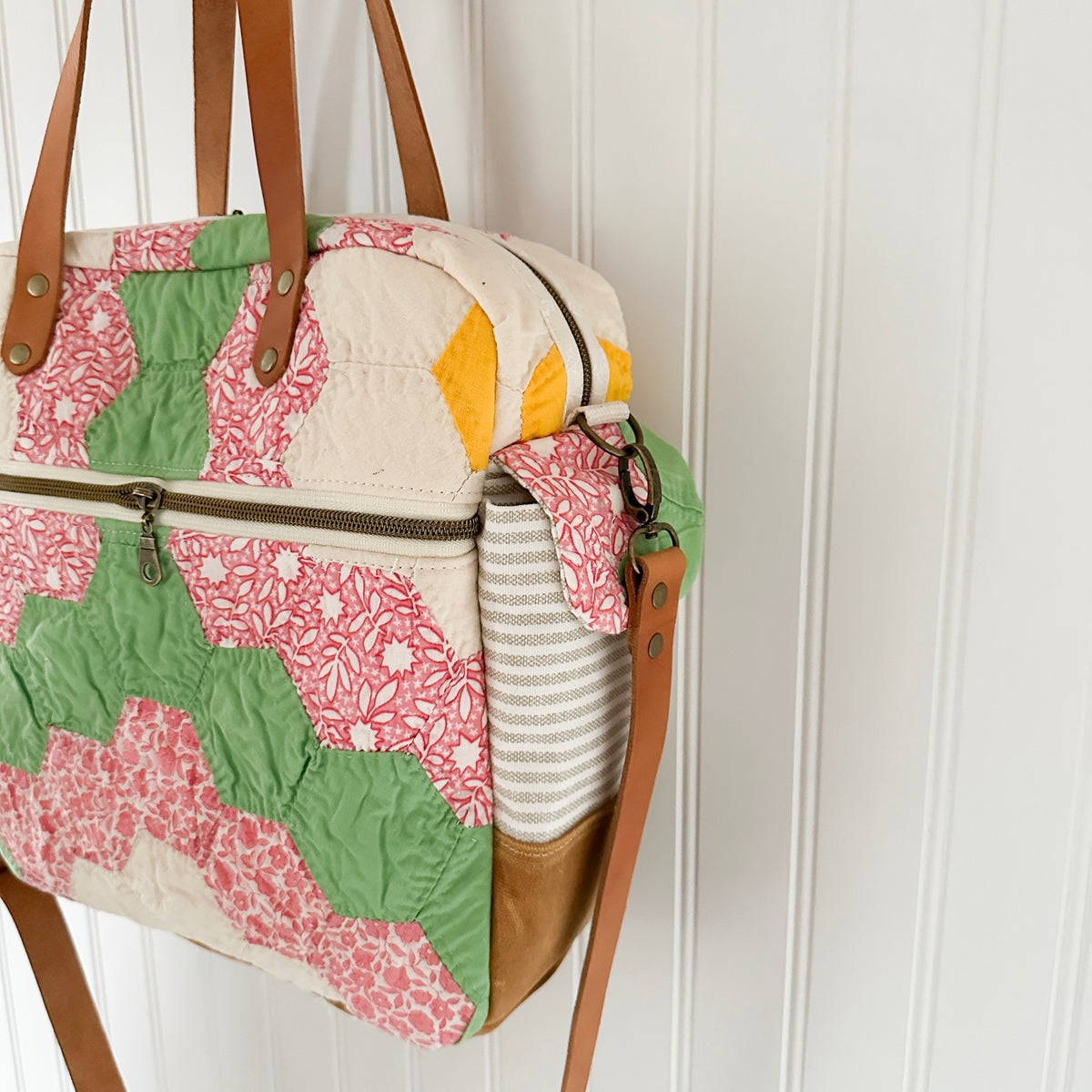 Sunday School Teachers Bag Vintage Grandmothers Garden Quilt with Leather Handles and Crossbody Strap