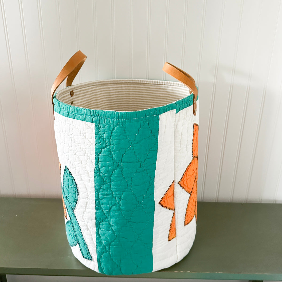 Vintage Orange Sunflower Applique Basket with Leather Handles