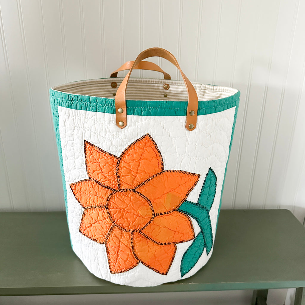 Vintage Orange Sunflower Applique Basket with Leather Handles