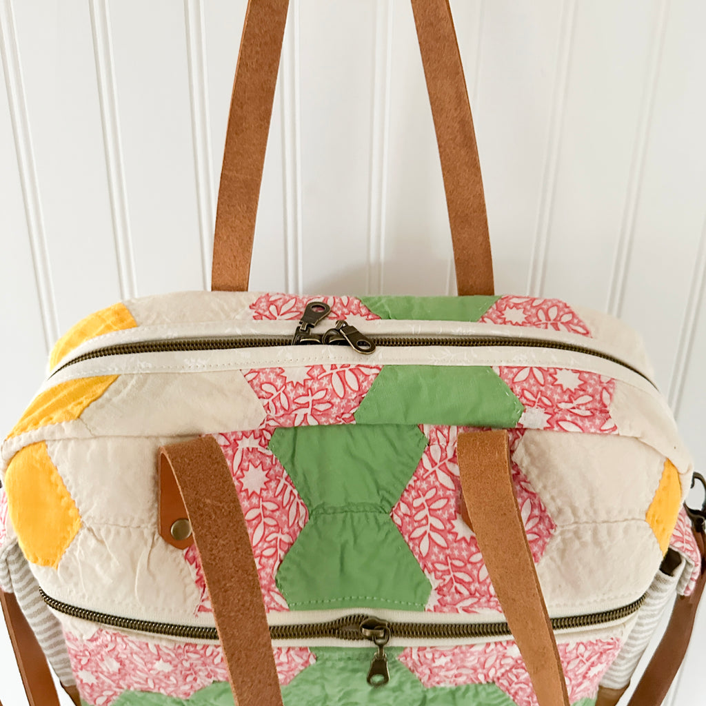 Sunday School Teachers Bag Vintage Grandmothers Garden Quilt with Leather Handles and Crossbody Strap
