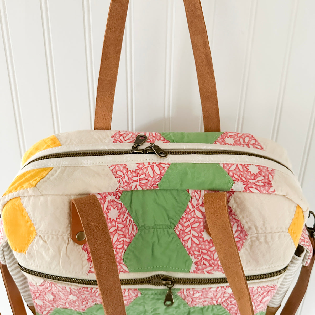Sunday School Teachers Bag Vintage Grandmothers Garden Quilt with Leather Handles and Crossbody Strap