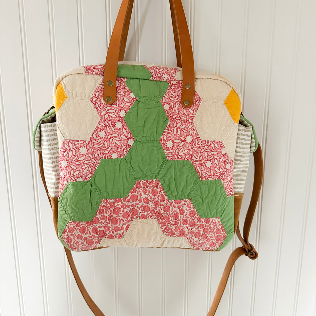 Sunday School Teachers Bag Vintage Grandmothers Garden Quilt with Leather Handles and Crossbody Strap