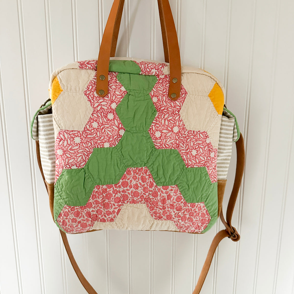 Sunday School Teachers Bag Vintage Grandmothers Garden Quilt with Leather Handles and Crossbody Strap