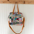 Sunday School Teachers Bag Vintage Feed Sack Postage Stamp Quilt with Leather Handles and Crossbody Strap
