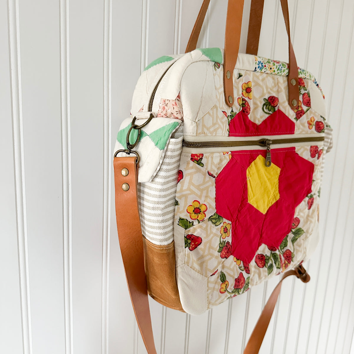 Sunday School Teachers Bag Vintage Grandmothers Garden Quilt with Leather Handles and Crossbody Strap