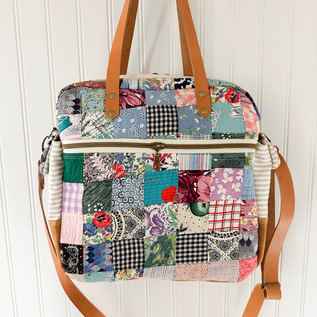 Sunday School Teachers Bag Vintage Feed Sack Postage Stamp Quilt with Leather Handles and Crossbody Strap