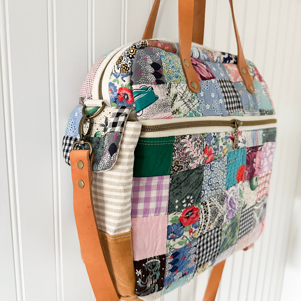 Sunday School Teachers Bag Vintage Feed Sack Postage Stamp Quilt with Leather Handles and Crossbody Strap