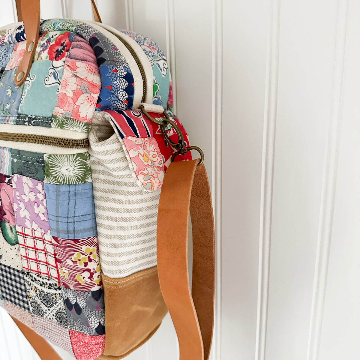 Sunday School Teachers Bag Vintage Feed Sack Postage Stamp Quilt with Leather Handles and Crossbody Strap