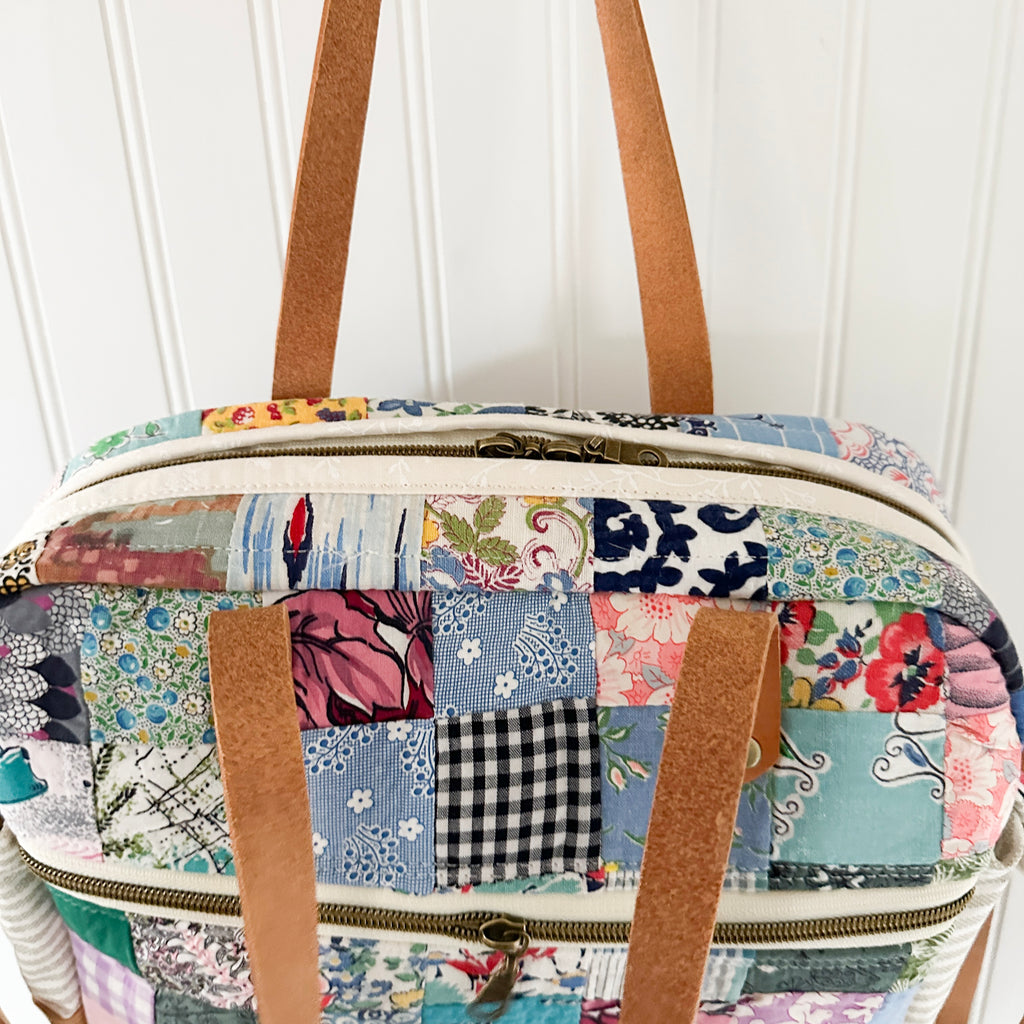 Sunday School Teachers Bag Vintage Feed Sack Postage Stamp Quilt with Leather Handles and Crossbody Strap