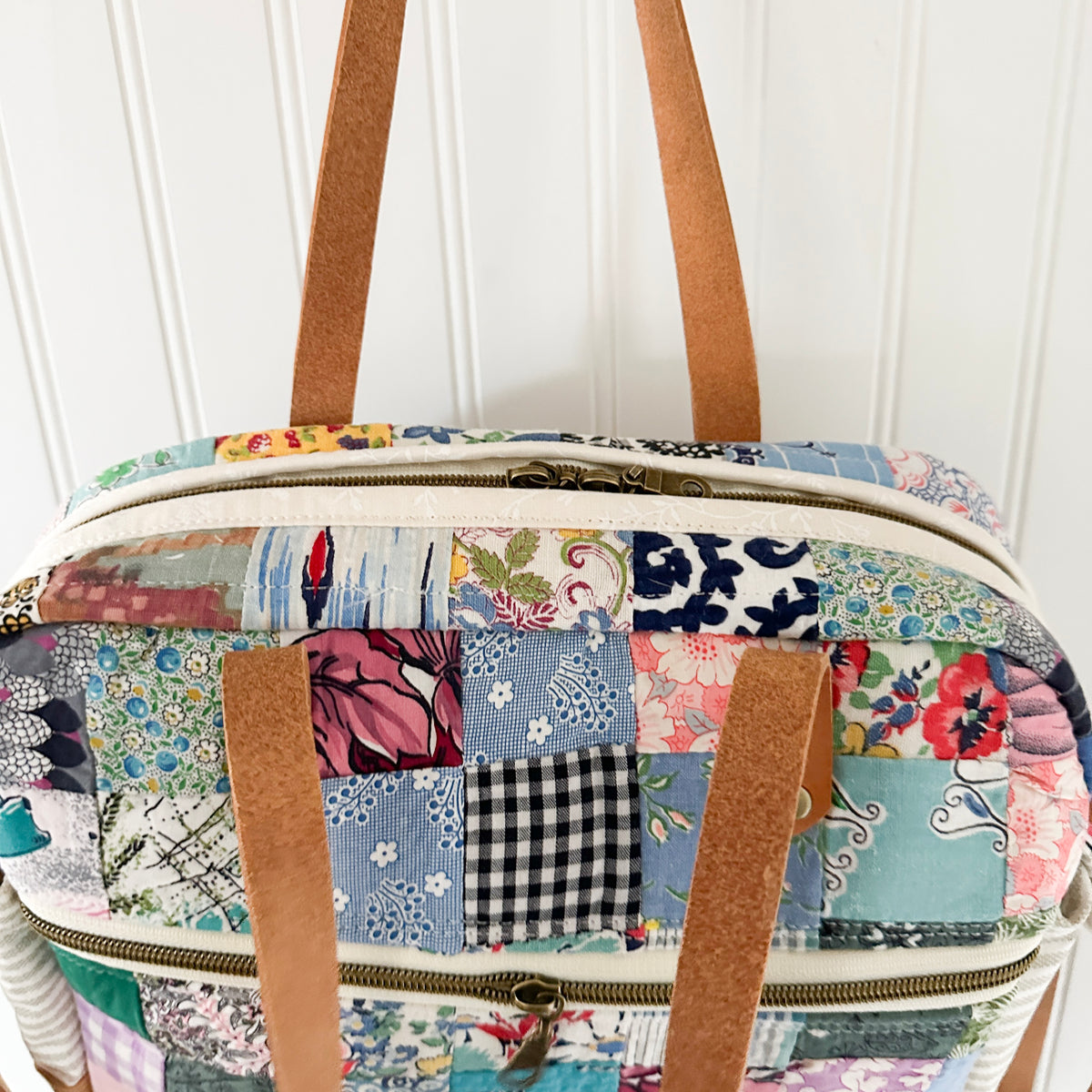Sunday School Teachers Bag Vintage Feed Sack Postage Stamp Quilt with Leather Handles and Crossbody Strap