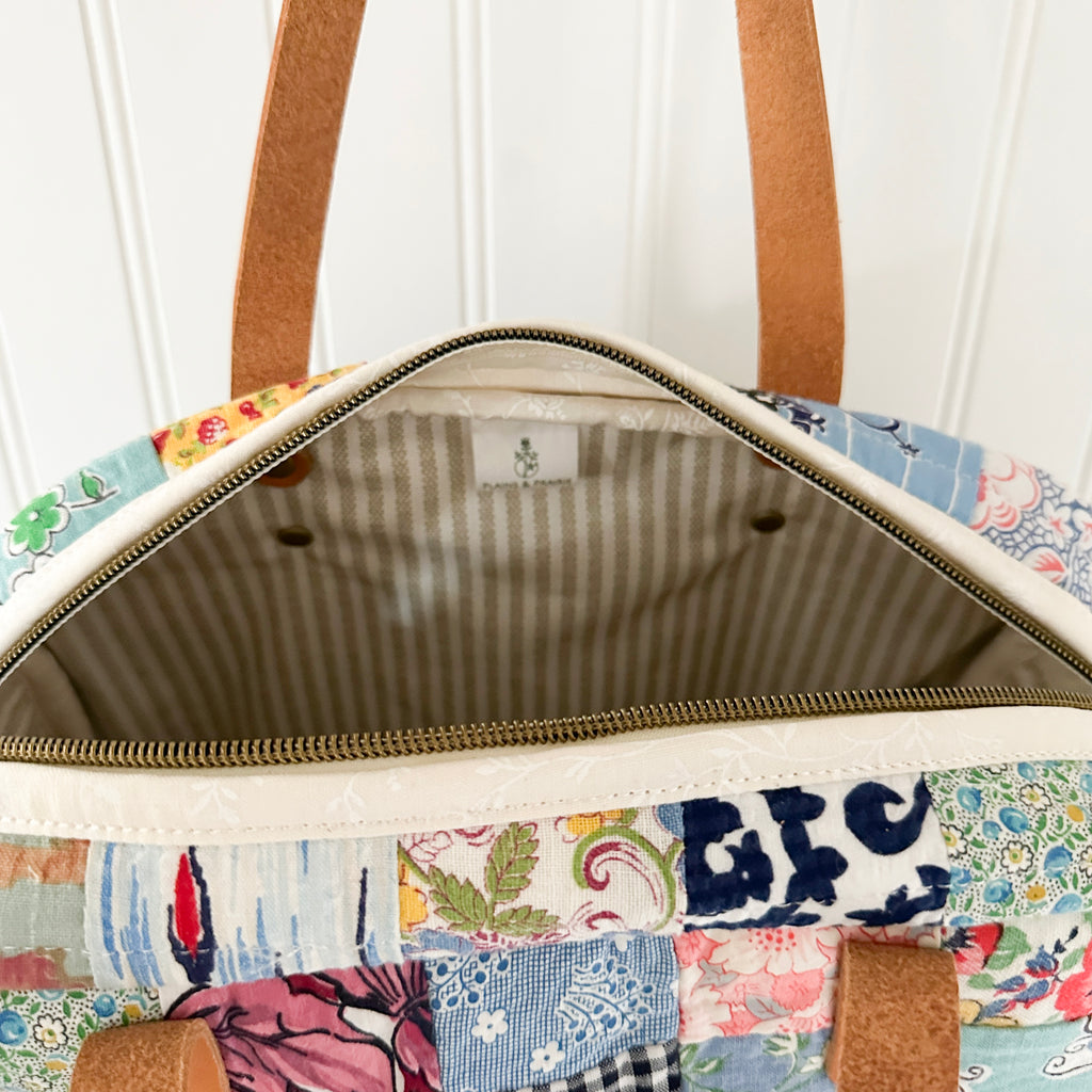 Sunday School Teachers Bag Vintage Feed Sack Postage Stamp Quilt with Leather Handles and Crossbody Strap