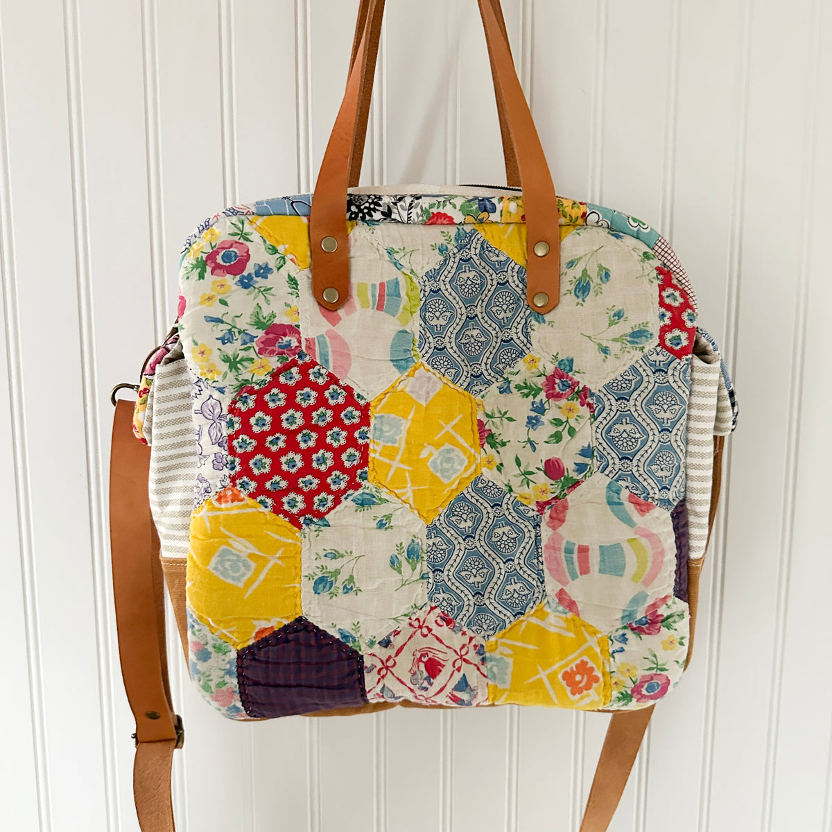 Sunday School Teachers Bag Vintage Feed Sack Postage Stamp Quilt with Leather Handles and Crossbody Strap