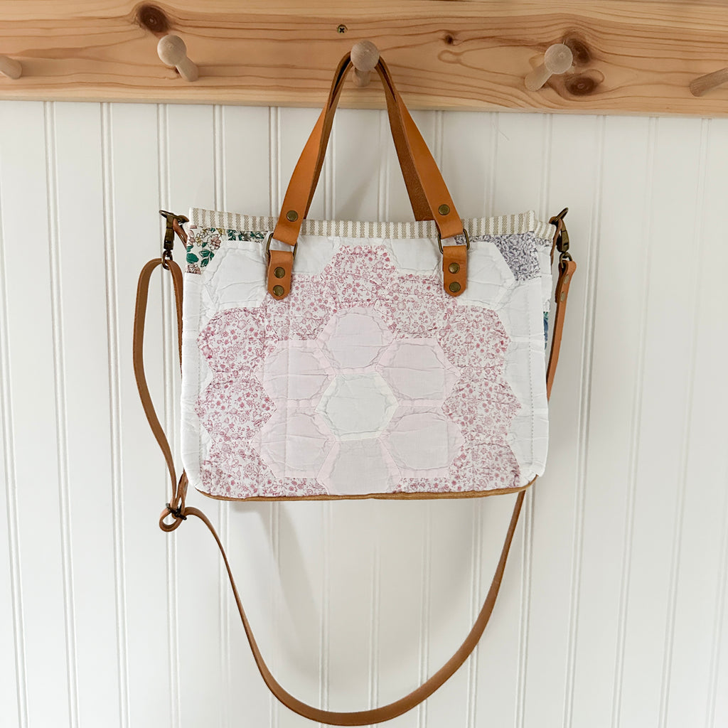 Boxy Bible Bag Vintage Grandmothers Garden Quilt with Leather Handles and Crossbody Strap