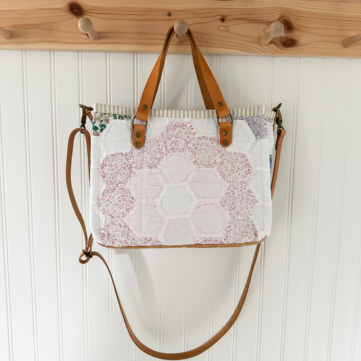Boxy Bible Bag Vintage Grandmothers Garden Quilt with Leather Handles and Crossbody Strap