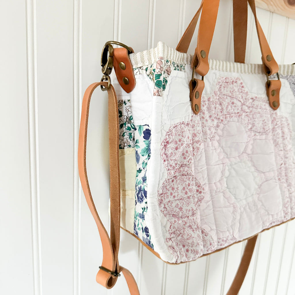 Boxy Bible Bag Vintage Grandmothers Garden Quilt with Leather Handles and Crossbody Strap