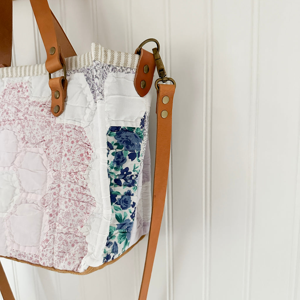 Boxy Bible Bag Vintage Grandmothers Garden Quilt with Leather Handles and Crossbody Strap