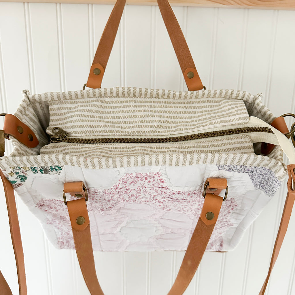 Boxy Bible Bag Vintage Grandmothers Garden Quilt with Leather Handles and Crossbody Strap