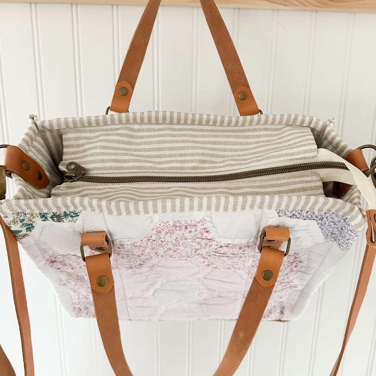 Boxy Bible Bag Vintage Grandmothers Garden Quilt with Leather Handles and Crossbody Strap