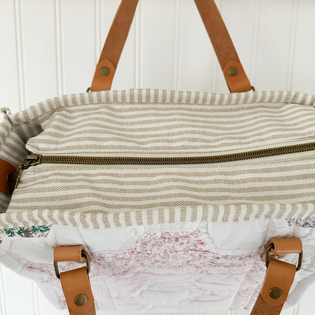 Boxy Bible Bag Vintage Grandmothers Garden Quilt with Leather Handles and Crossbody Strap