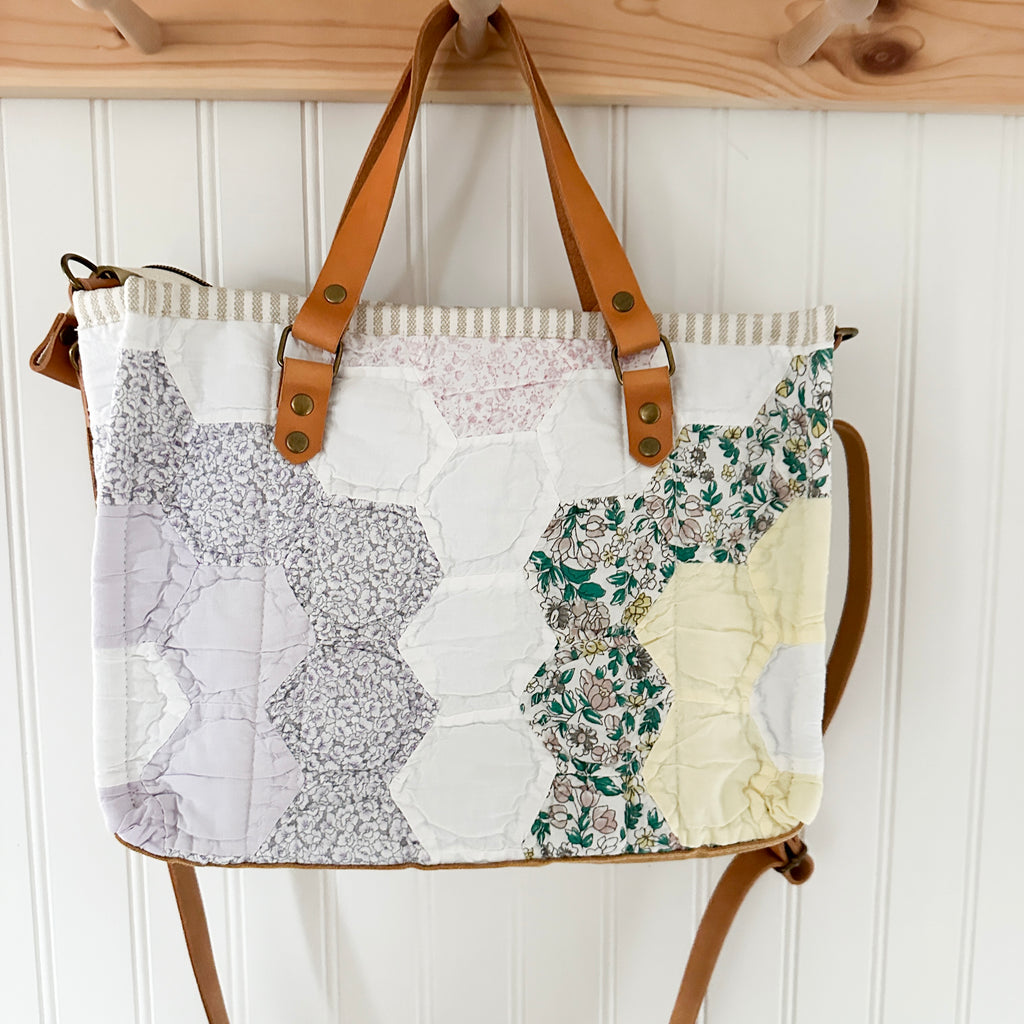 Boxy Bible Bag Vintage Grandmothers Garden Quilt with Leather Handles and Crossbody Strap