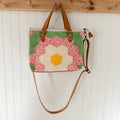 Boxy Bible Bag Vintage Grandmothers Garden Quilt with Leather Handles and Crossbody Strap