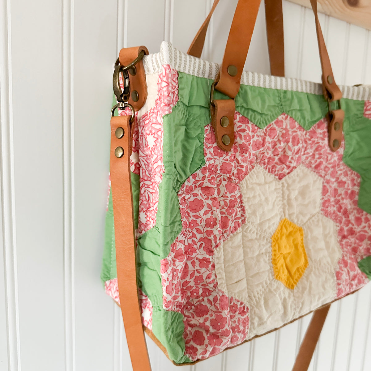 Boxy Bible Bag Vintage Grandmothers Garden Quilt with Leather Handles and Crossbody Strap