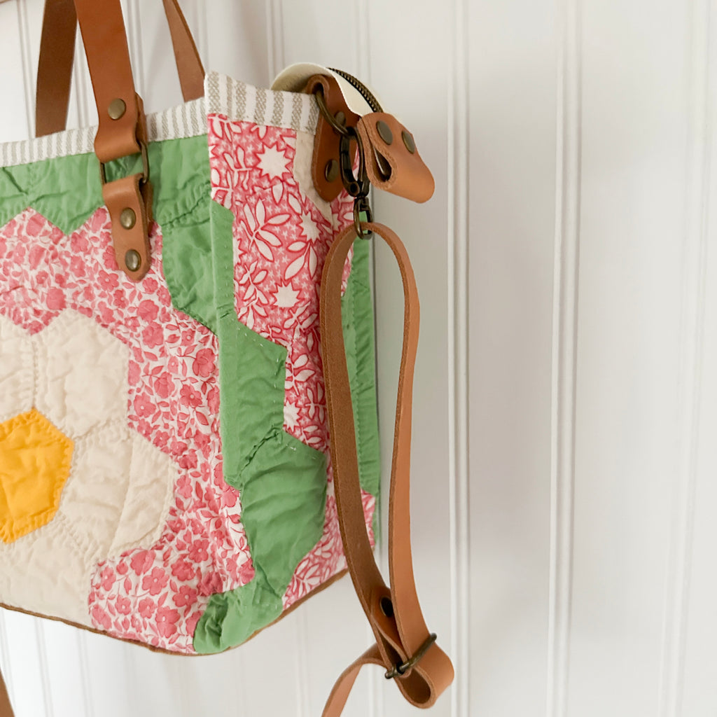 Boxy Bible Bag Vintage Grandmothers Garden Quilt with Leather Handles and Crossbody Strap