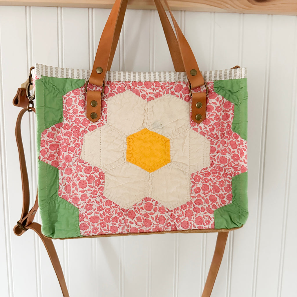 Boxy Bible Bag Vintage Grandmothers Garden Quilt with Leather Handles and Crossbody Strap