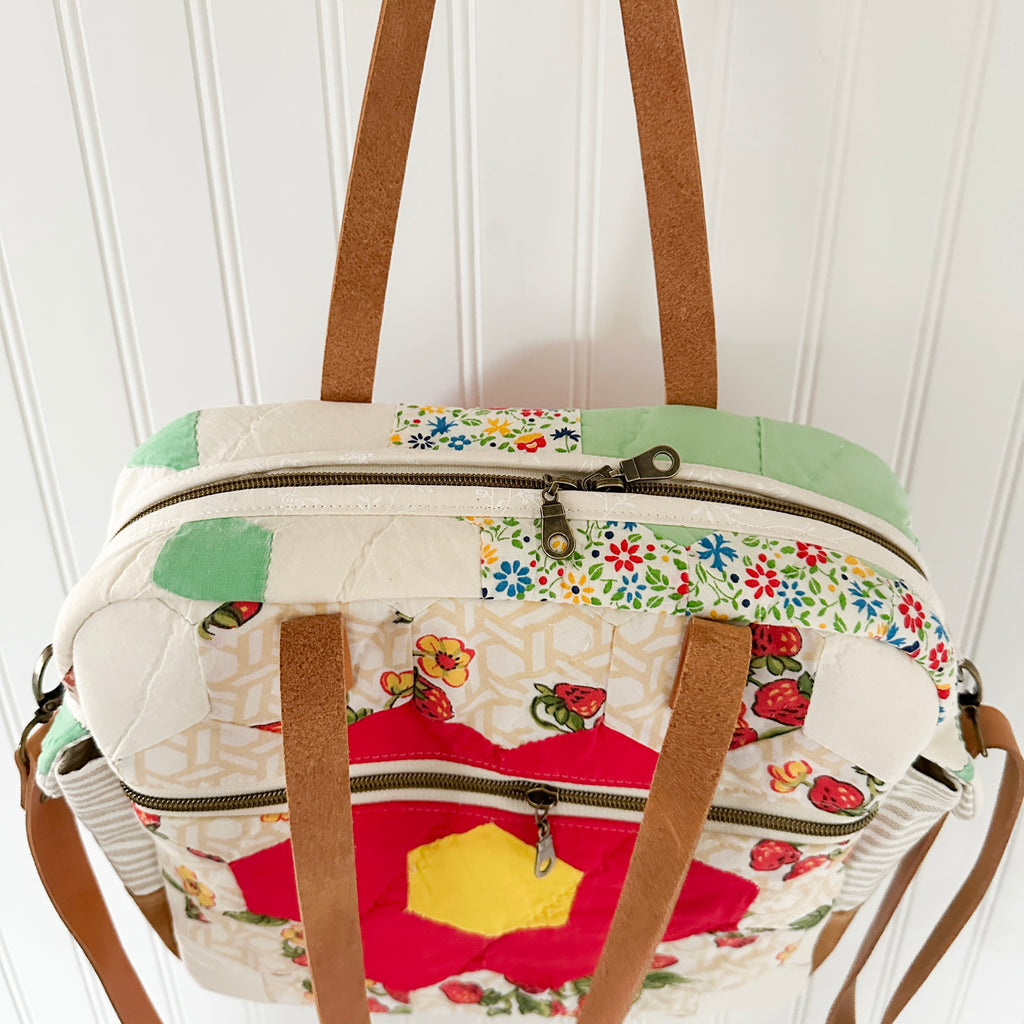 Sunday School Teachers Bag Vintage Grandmothers Garden Quilt with Leather Handles and Crossbody Strap