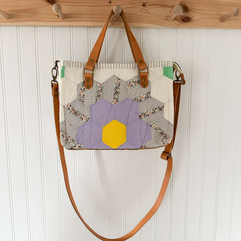 Boxy Bible Bag Vintage Grandmothers Garden Quilt with Leather Handles and Crossbody Strap