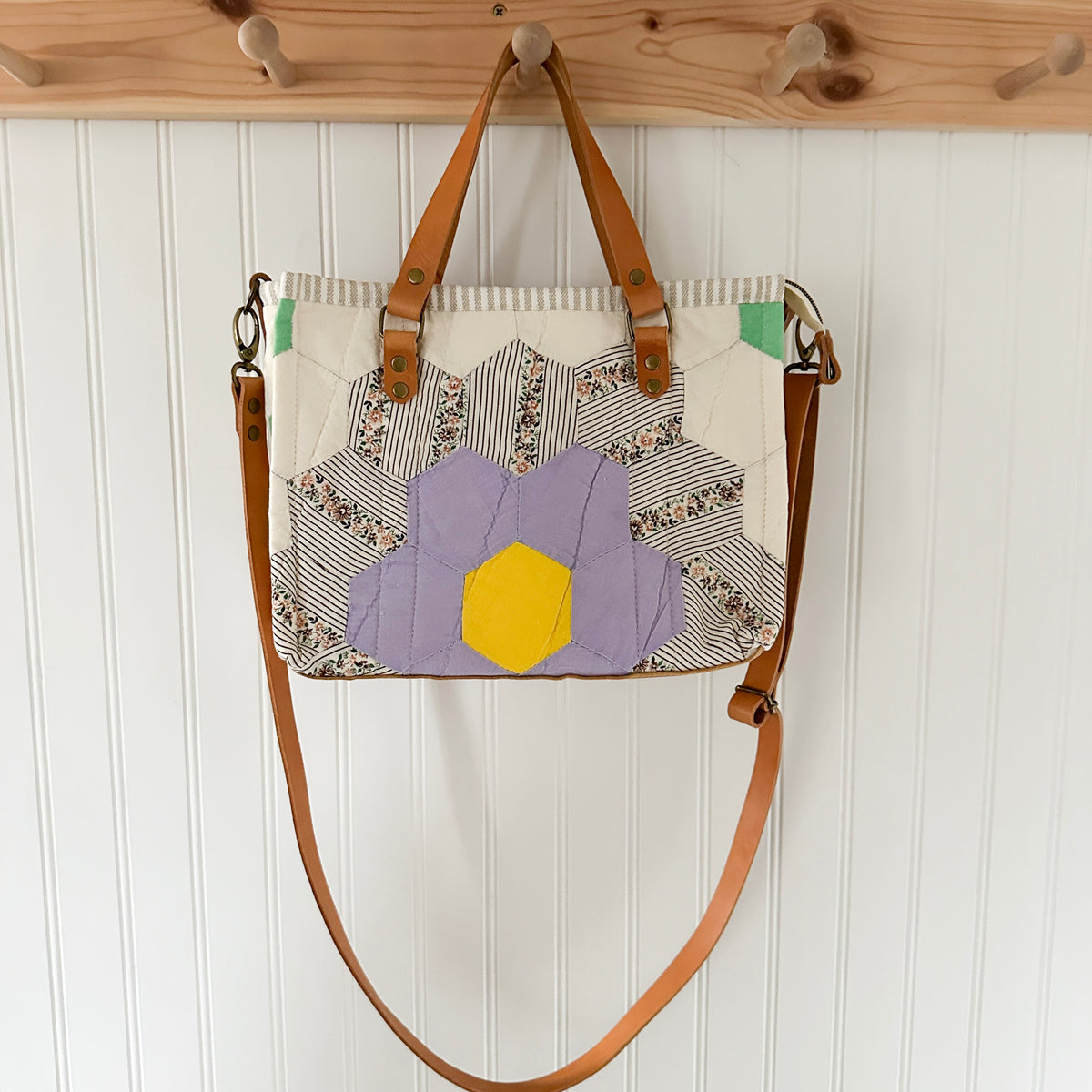 Boxy Bible Bag Vintage Grandmothers Garden Quilt with Leather Handles and Crossbody Strap