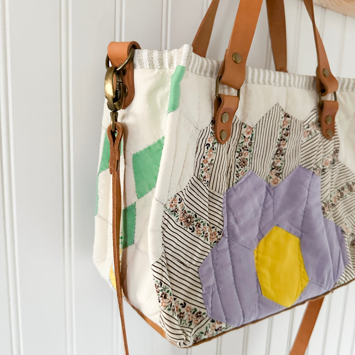 Boxy Bible Bag Vintage Grandmothers Garden Quilt with Leather Handles and Crossbody Strap