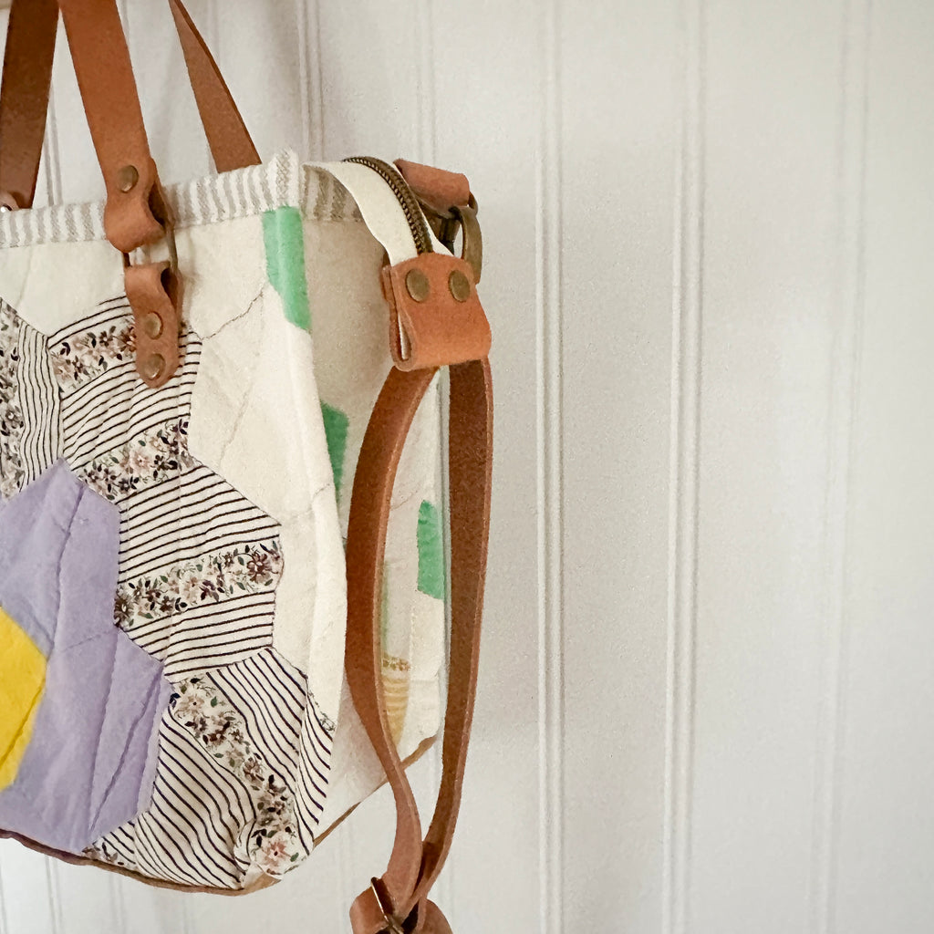 Boxy Bible Bag Vintage Grandmothers Garden Quilt with Leather Handles and Crossbody Strap