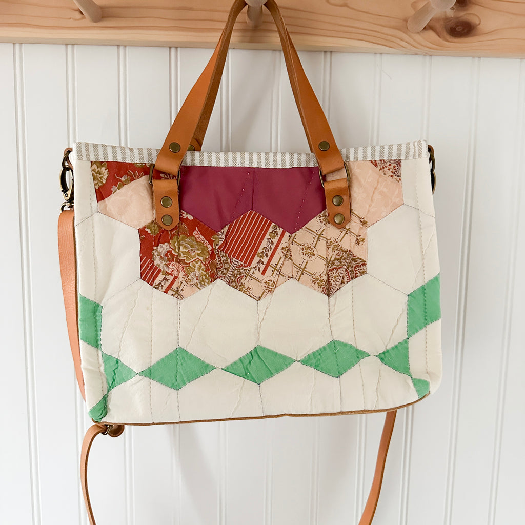Boxy Bible Bag Vintage Grandmothers Garden Quilt with Leather Handles and Crossbody Strap