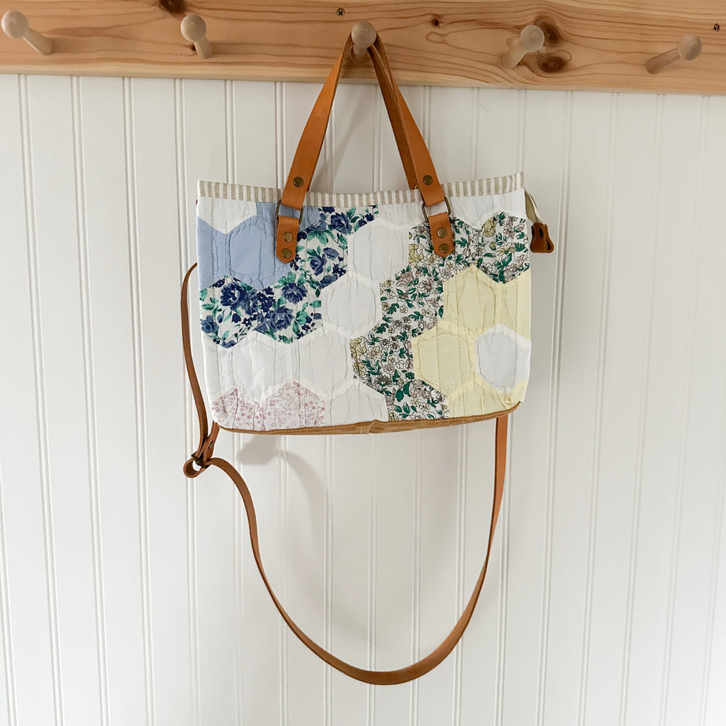 Boxy Bible Bag Vintage Grandmothers Garden Quilt with Leather Handles and Crossbody Strap