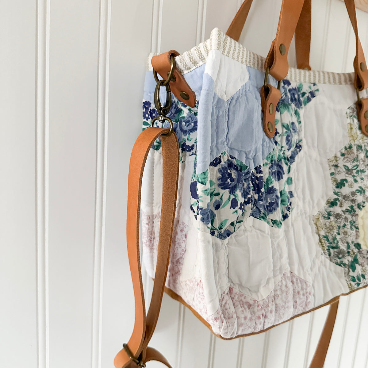 Boxy Bible Bag Vintage Grandmothers Garden Quilt with Leather Handles and Crossbody Strap