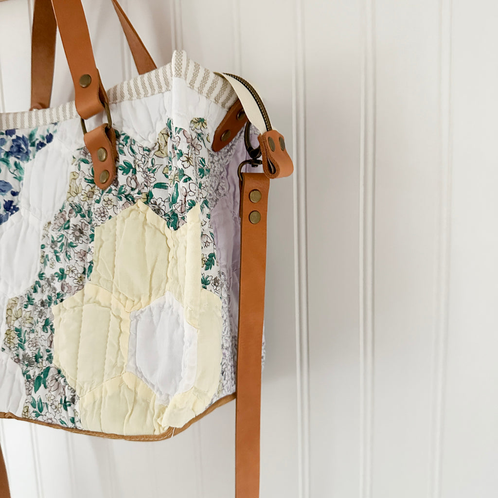 Boxy Bible Bag Vintage Grandmothers Garden Quilt with Leather Handles and Crossbody Strap