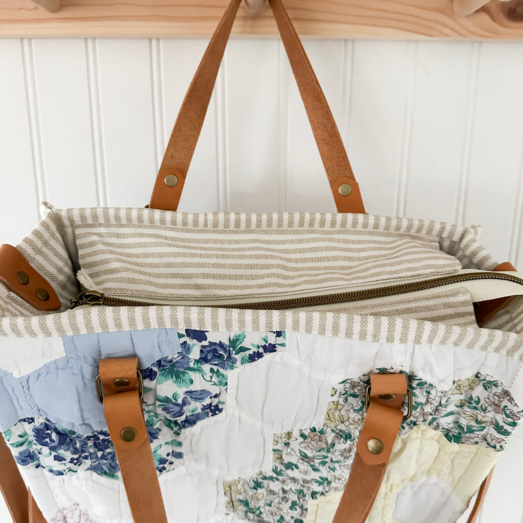 Boxy Bible Bag Vintage Grandmothers Garden Quilt with Leather Handles and Crossbody Strap