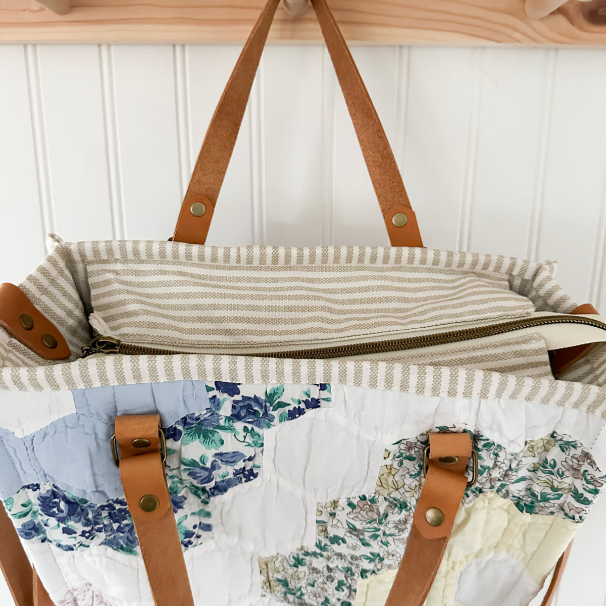 Boxy Bible Bag Vintage Grandmothers Garden Quilt with Leather Handles and Crossbody Strap
