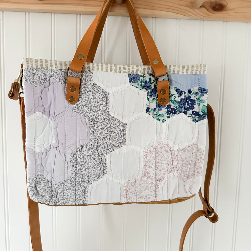 Boxy Bible Bag Vintage Grandmothers Garden Quilt with Leather Handles and Crossbody Strap