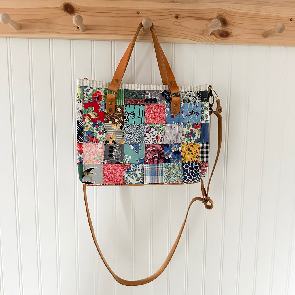 Boxy Bible Bag Vintage Feed Sack Postage Stamp Quilt with Leather Handles and Crossbody Strap