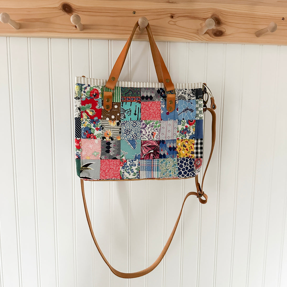 Boxy Bible Bag Vintage Feed Sack Postage Stamp Quilt with Leather Handles and Crossbody Strap