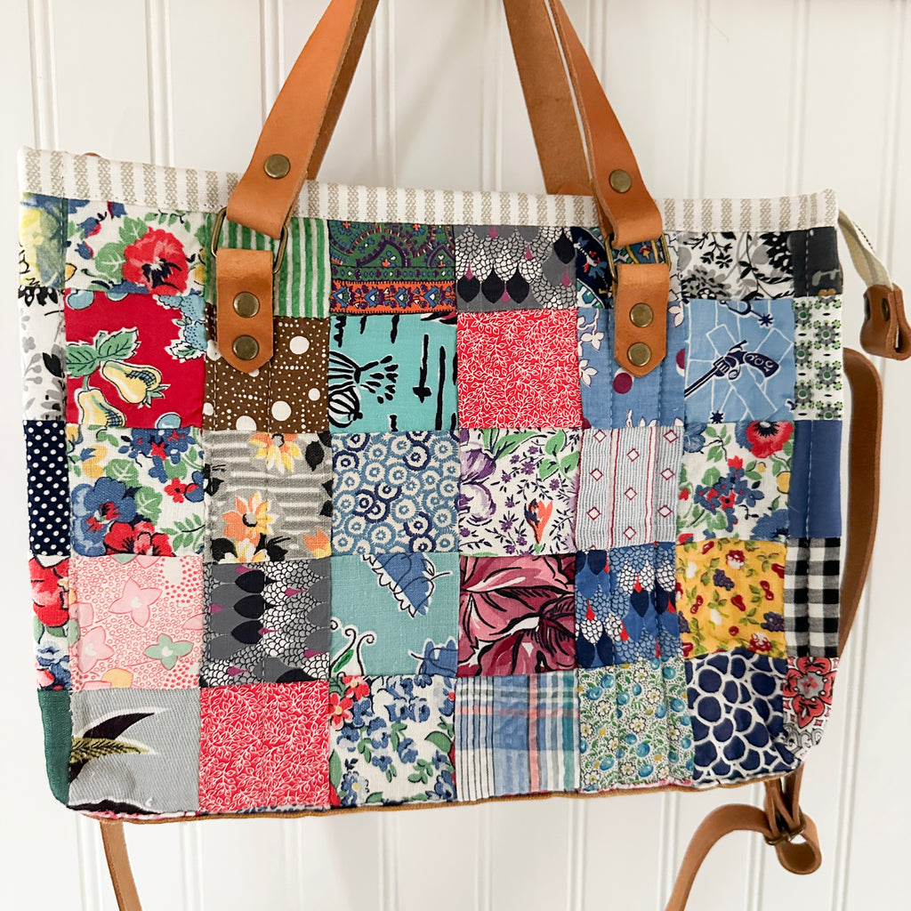 Boxy Bible Bag Vintage Feed Sack Postage Stamp Quilt with Leather Handles and Crossbody Strap