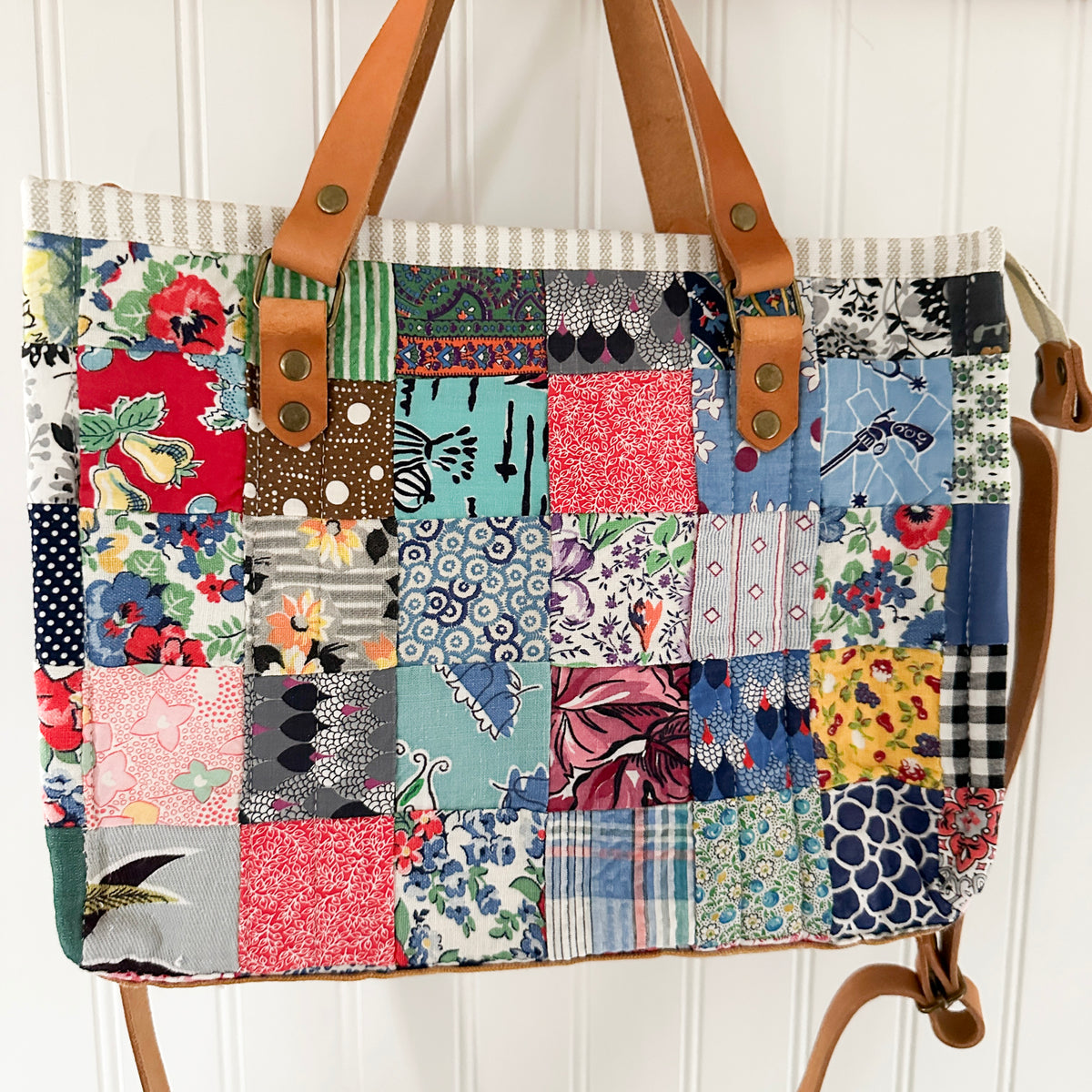 Boxy Bible Bag Vintage Feed Sack Postage Stamp Quilt with Leather Handles and Crossbody Strap