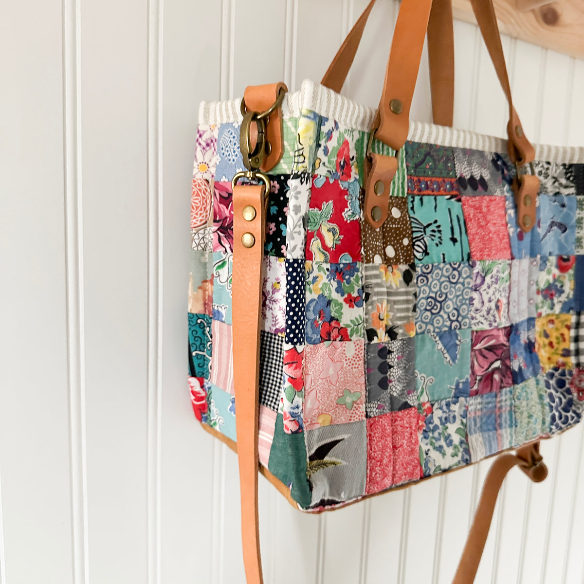 Boxy Bible Bag Vintage Feed Sack Postage Stamp Quilt with Leather Handles and Crossbody Strap